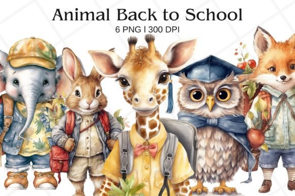 Animal Back to School Watercolor Clipart