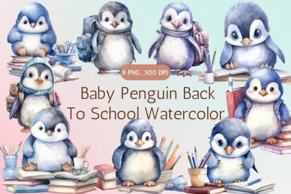 Baby Penguin Back to School Watercolor