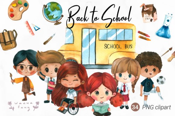 Back to School Watercolor Clipart, PNG